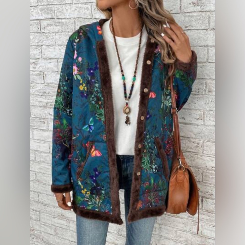 EMERY ROSE Floral & Butterfly Print Contrast Trim Hooded Coat  3XL - Picture 4 of 15